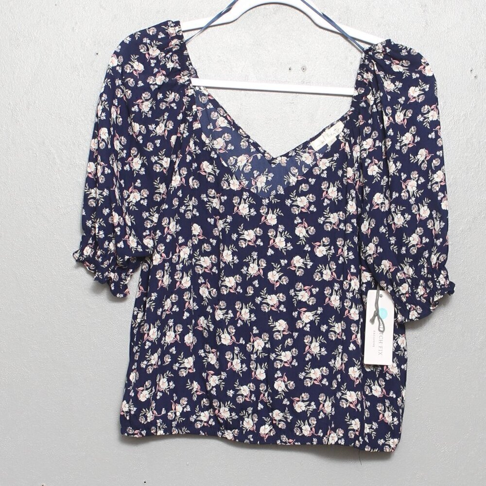 nine britton Navy Floral V-Neck Puff Sleeve Blouse